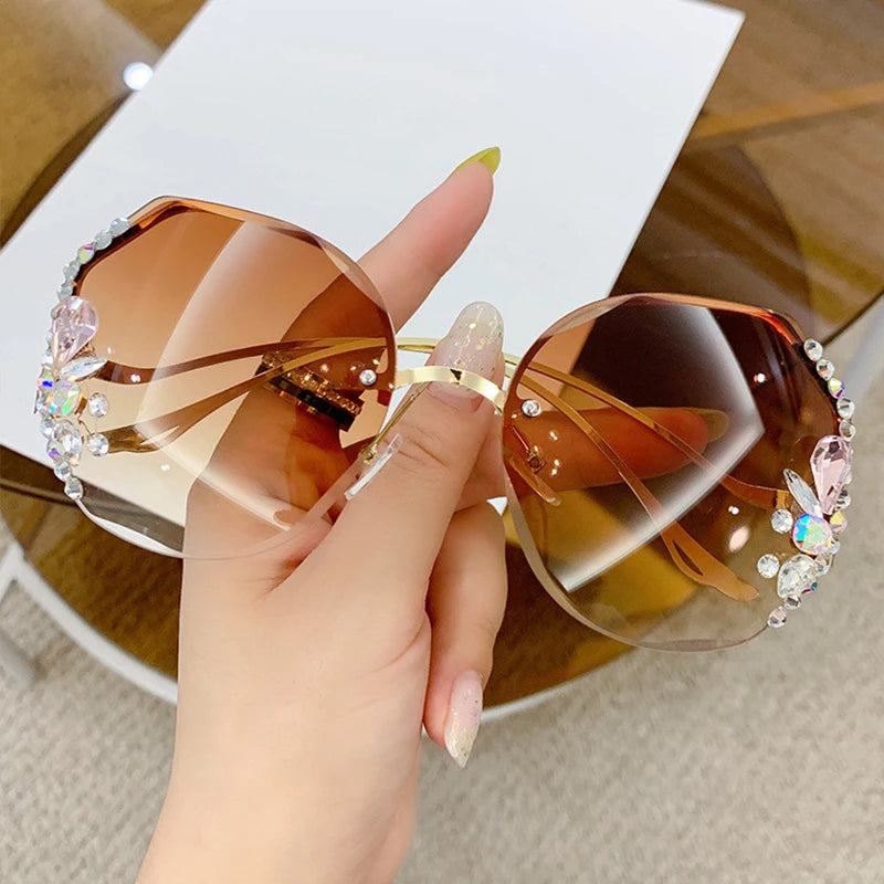 Luxury Fashion Oversized Rimless Sunglasses Women Fashion Brand Designer Big Frame Diamond Square Sun Glasses For Female - Hiron Store