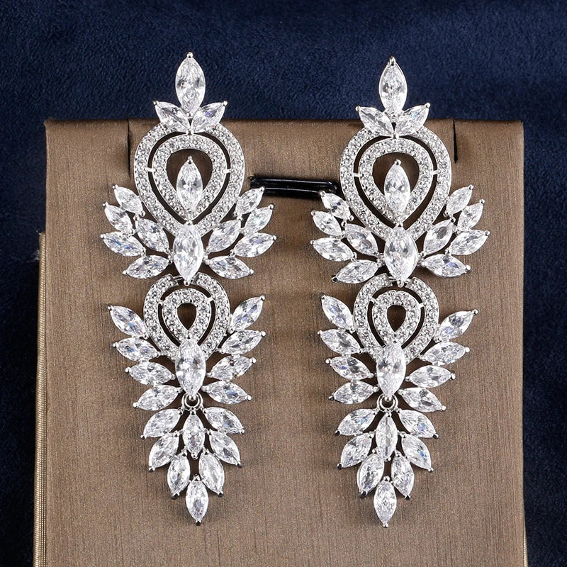 Leaf Marquise Zircon Long Drop Dangle Earrings