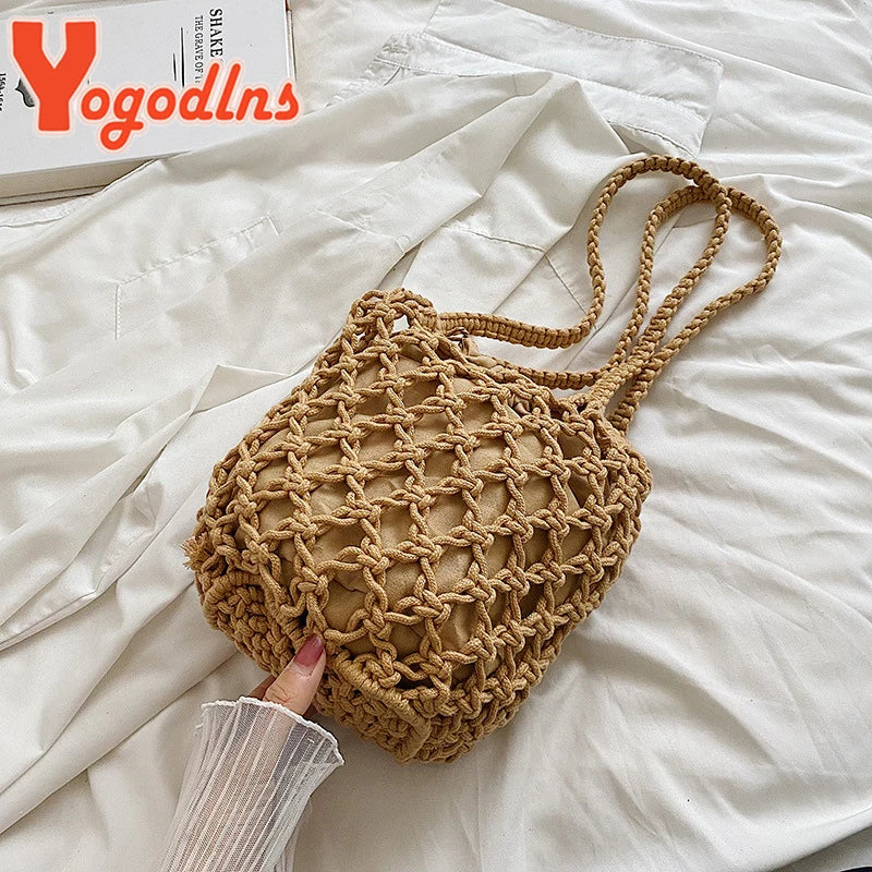 Drawstring Women's Straw Bucket Bag Summer Woven Shoulder Bags Purse Beach Handbag Straw Handbags Casual Crossbody Bag - Hiron Store