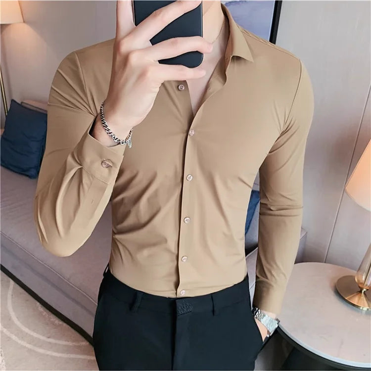 Men's Ultra Stretch  Long Sleeve Shirt, Top Quality Business Casual, Breathable   Solid Color Formal Dress Shirt