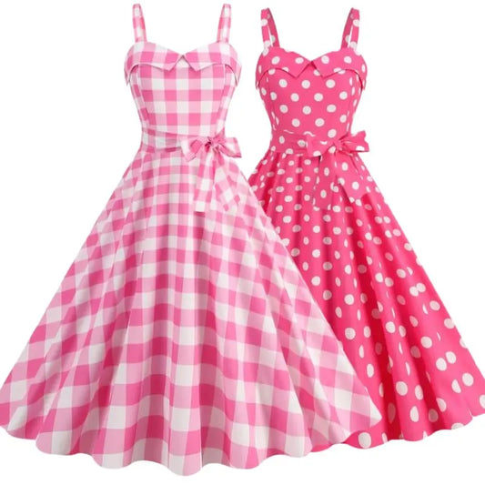Women's Summer Dress Sexy Retro Pink Plaid Suspender Gown Christmas Party Clothes Robe Femme High-Waisted Dress - Hiron Store