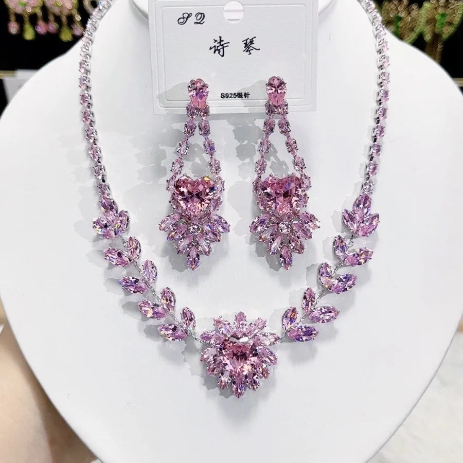 Women Colorful Fashion Zircon Necklace Earrings 2025