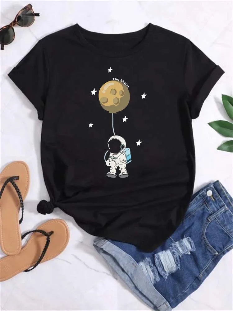 Women Moon Planet Print Round Neck Short Sleeve Streetwear Female T-Shirt  Tops