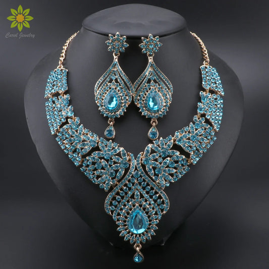 Women Luxury Blue Crystal Earrings Necklace Bridal Wedding Jewelry Set Elegant Bride Party Prom Costume Dress Accessories Gifts - Hiron Store