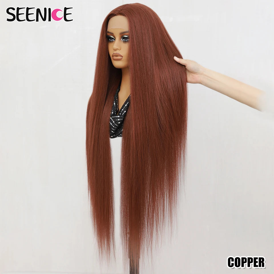 40Inch Straight Lace Front Wig Synthetic T-Part 13x4x1 Heat-resistant Fiber Ombre Ginger Copper Lace Frontal Wigs