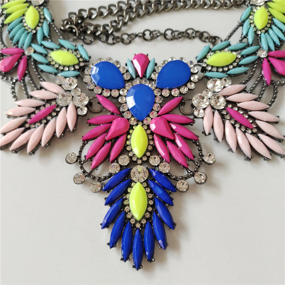 Colorful Acrylic Leaf Indian Statement Crystal Rhinestone Large Collar Choker Necklace Earrings Jewelry Sets 2024