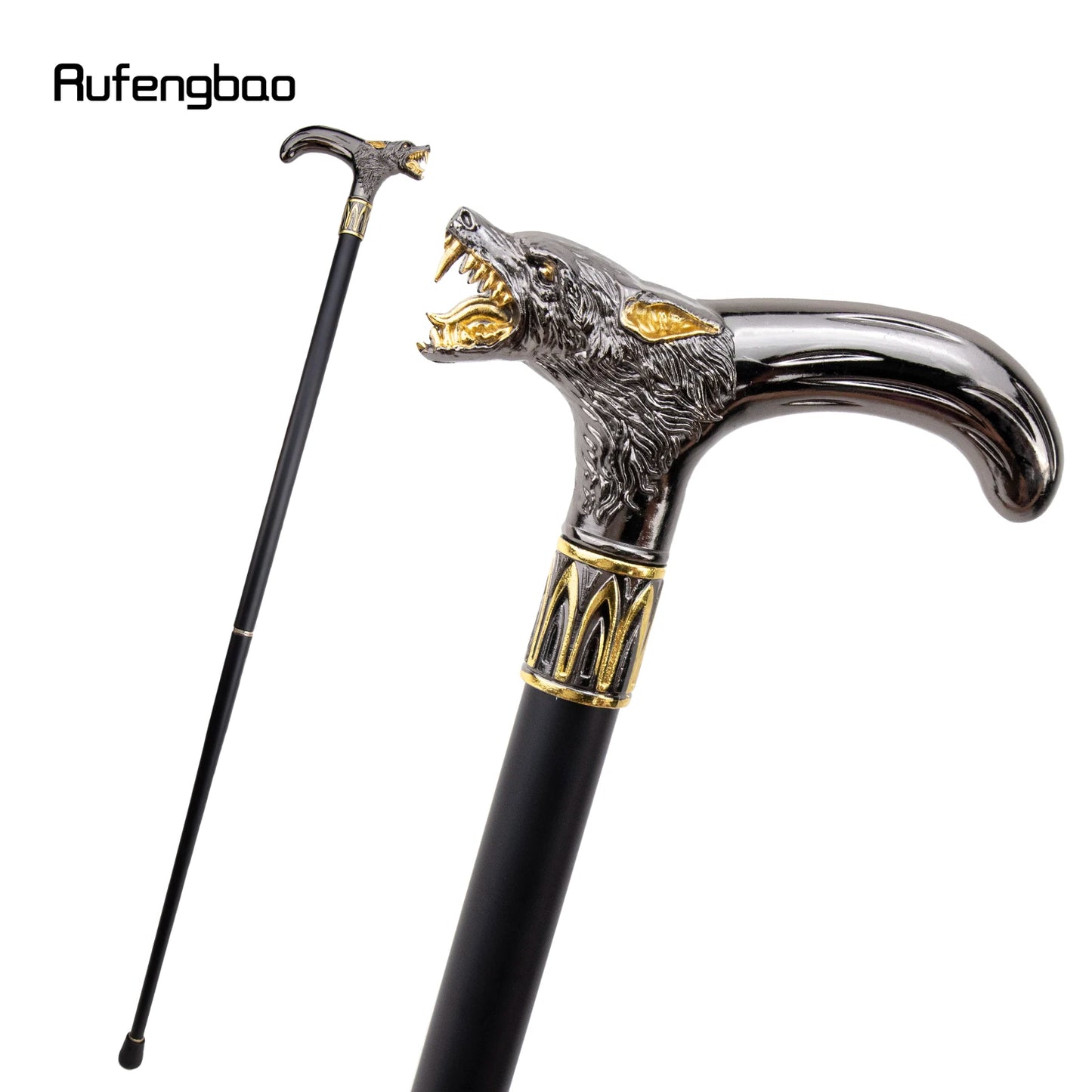 Golden Black Wolf Head Biting Walking Cane Fashion  Walking Stick Gentleman Elegant Cosplay Cane  93cm