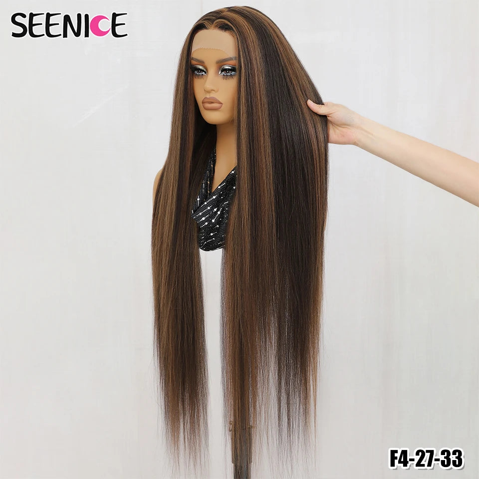 40Inch Straight Lace Front Wig Synthetic T-Part 13x4x1 Heat-resistant Fiber Ombre Ginger Copper Lace Frontal Wigs