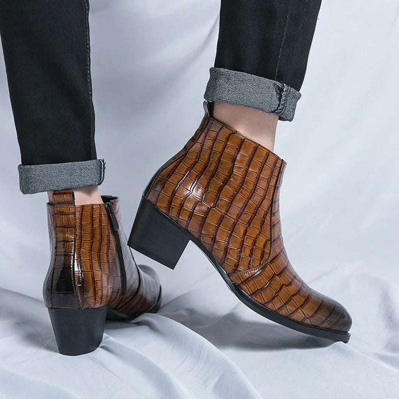 Luxury Leather High Heeled Boots Men Fashion Brown Chelsea  Shoes Business Casual Ankle Boot Men  High Heel Shoe