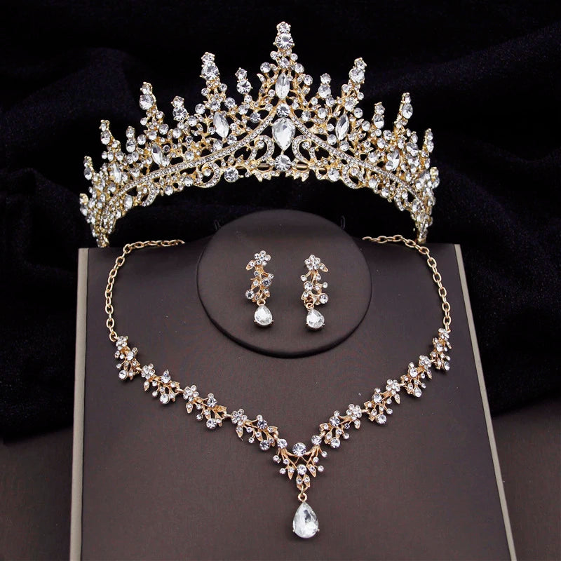 Luxury Silver Color Crystal Water Drop Bridal Jewelry Sets Rhinestone Tiaras Crown   Earrings