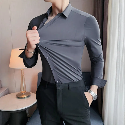 Plus Size 4XL-M High Elasticity Seamless Shirts Men Long Sleeve Top Quality Slim Casual Luxury Shirt Social Formal Dress Shirts - Hiron Store