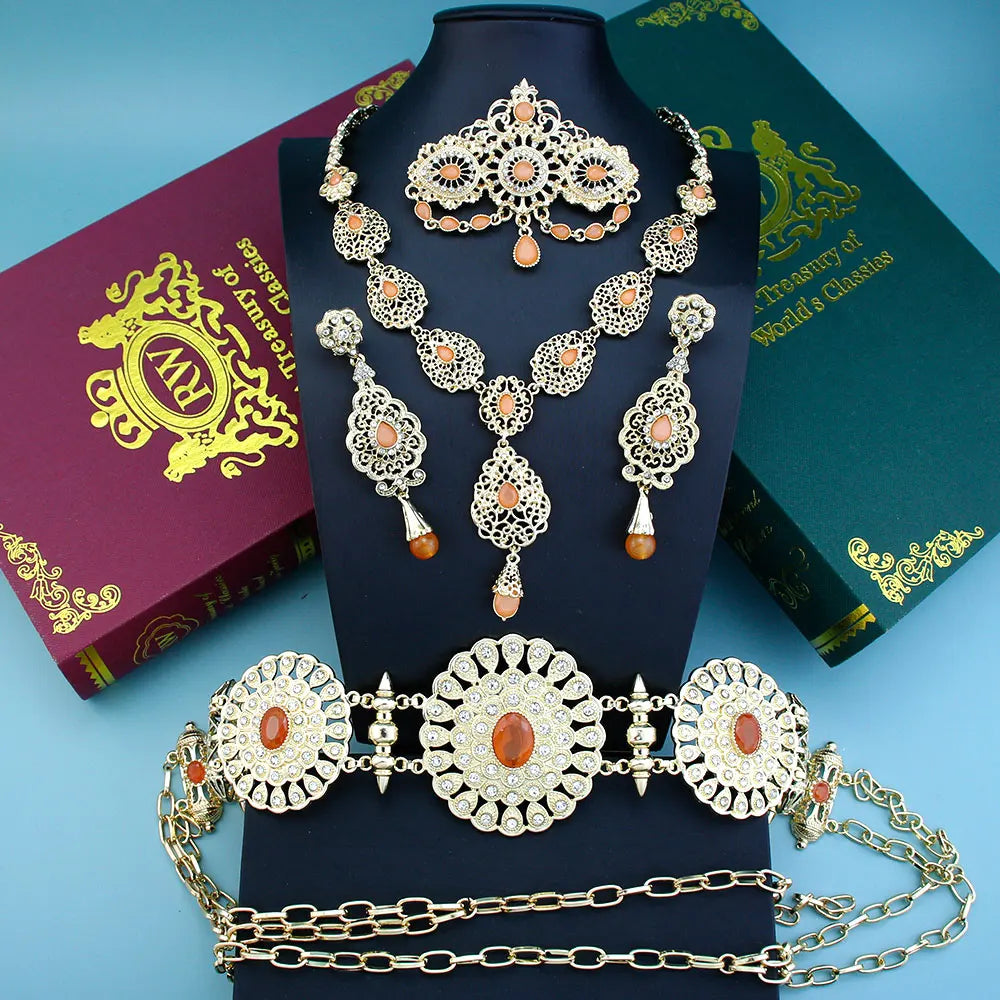 Sunspicems Chic Arabic Bride Jewelry Sets For Women Gold Color Crystal Morocco Belt Necklace Caftan Brooch Earring Muslim Sets - Hiron Store