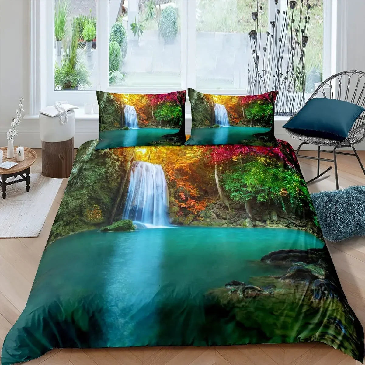 Waterfall Duvet Cover Set Natural Scenery Quilt Cover Pillowcase Landscape Forest Queen Size Polyester Bedding Set