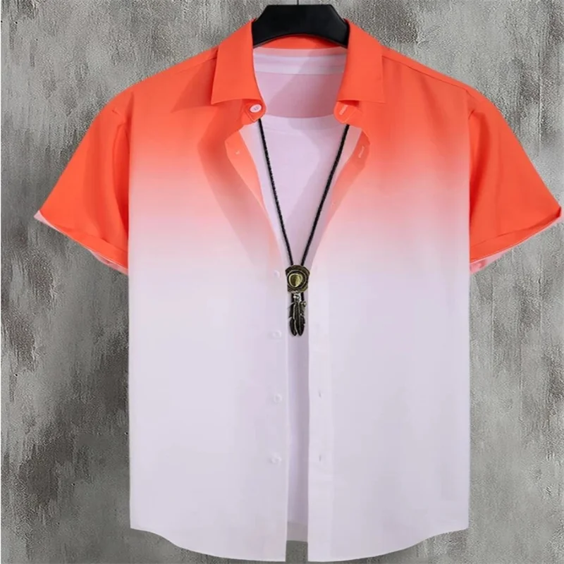 2023 Cross-border Hawaiian Men's Short Sleeve Shirt Gradient Color Pocket Single Breasted Beach Casual Shirt - Hiron Store