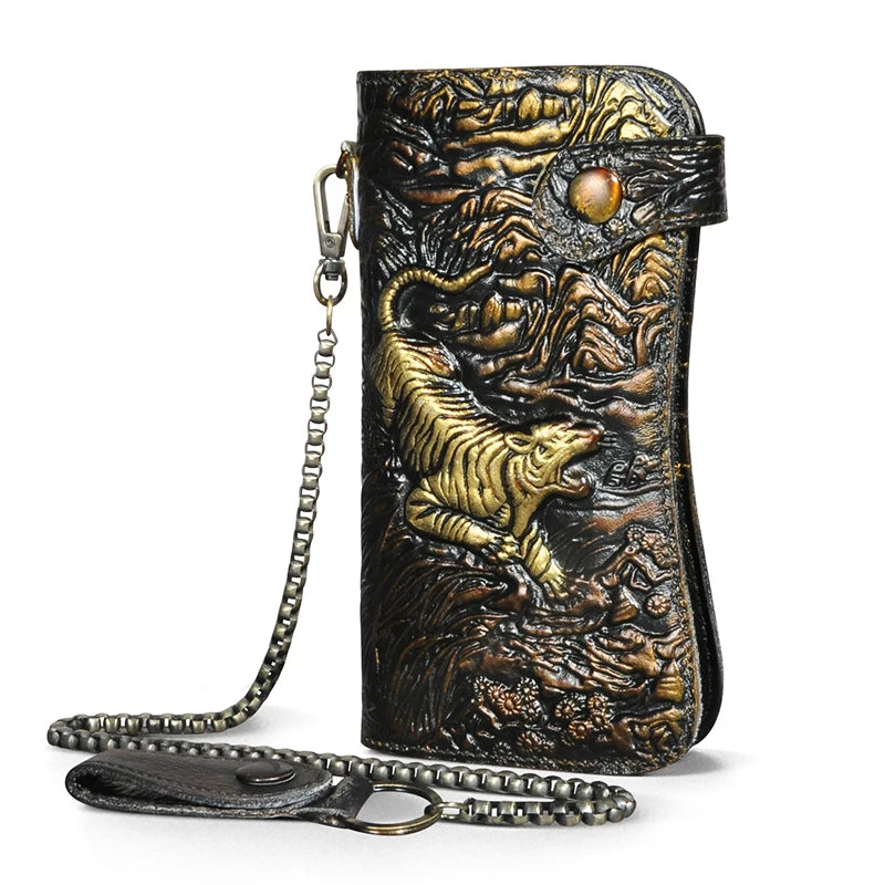 Luxury Male Cattle Real Leather Design Dragon Emboss Check book Iron Chain Organizer Wallet Purse