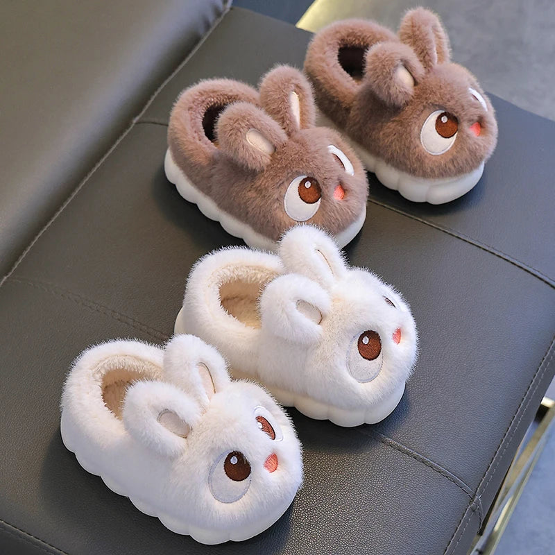 New Winter Cute Big eyed Rabbit Children's Cover Heel Warm Non-slip Fluffy Slippers