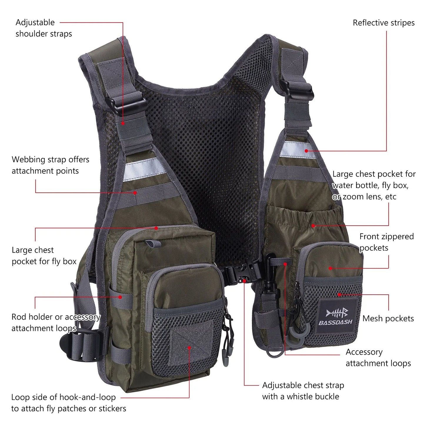 Bassdash FV08 Ultra Lightweight Fly Fishing Vest for Men and Women Portable Chest Pack