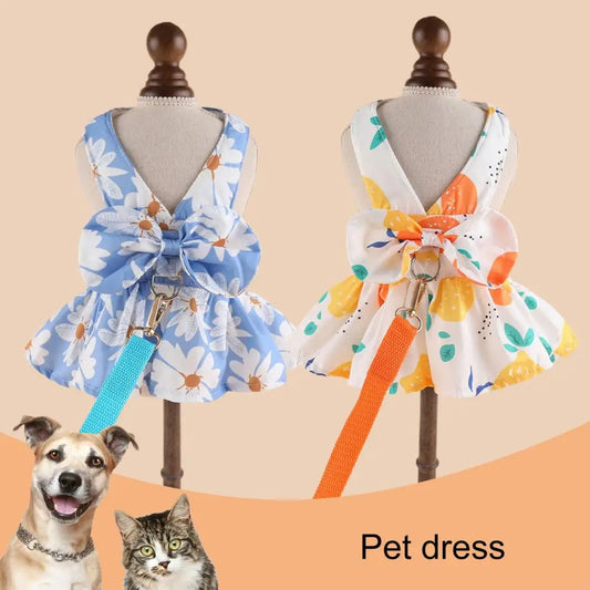 Cute Dog Dress Summer Outdoor Activities And Leash Set with Bowknot Decoration Pet Cat Princess Dress for Spring - Hiron Store