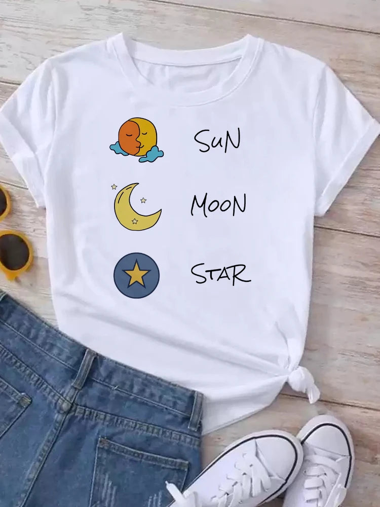 Women Moon Planet Print Round Neck Short Sleeve Streetwear Female T-Shirt  Tops