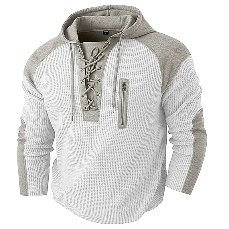 Spring Autumn Men's Casual Hooded Sweatshirt Vintage Patchwork Sports Pullover Fashion Drawstring Hoodie