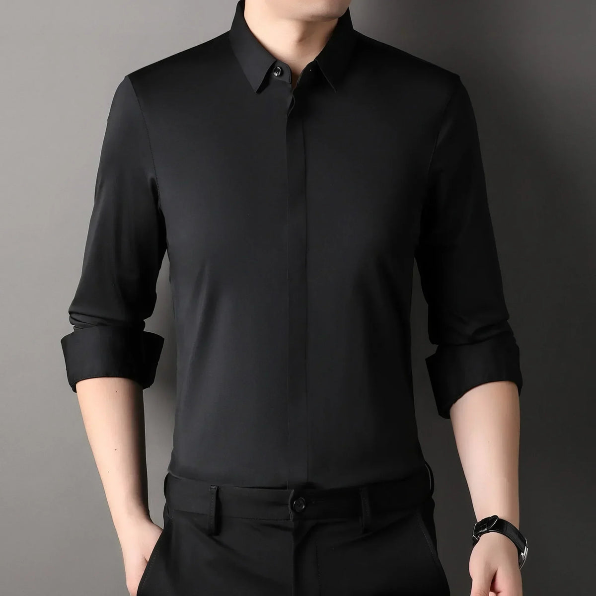 High end Mulberry Silk Dress Shirts, Business  Men Wrinkle Resistant, Button Invisible Elastic Tops, Luxurious Male  Clothing