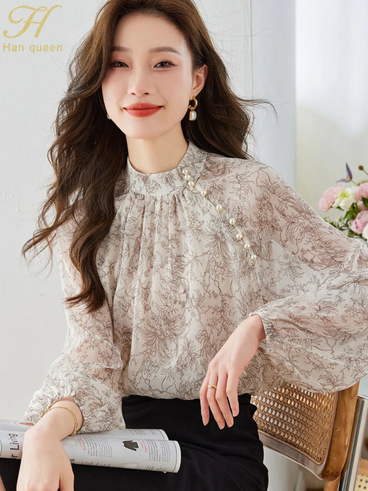 H Han Queen 2023 Autumn Tops Female Blouses Fashion Nail Beads Print Simple Shirt Korean Casual Blouse Occupation Women Blusas - Hiron Store