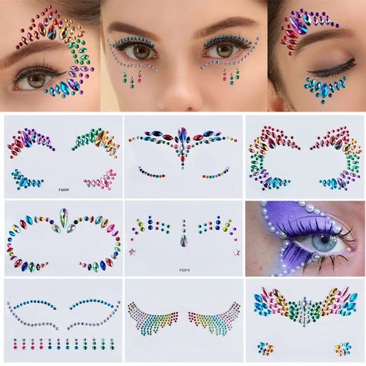 Disposable Temporary Tattoo Stickers Facial Jewellery Coloured Crystal Diamonds DIY Eyes Face Body Waterproof Makeup