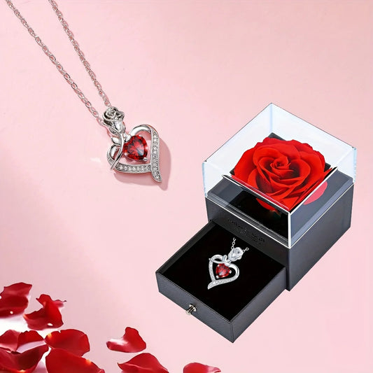 Luxury Red Zircon Heart Necklace With Rose Gift Box For Girlfriend Birthday Christmas Valentine Gift 2023 Romantic Accessories - Hiron Store