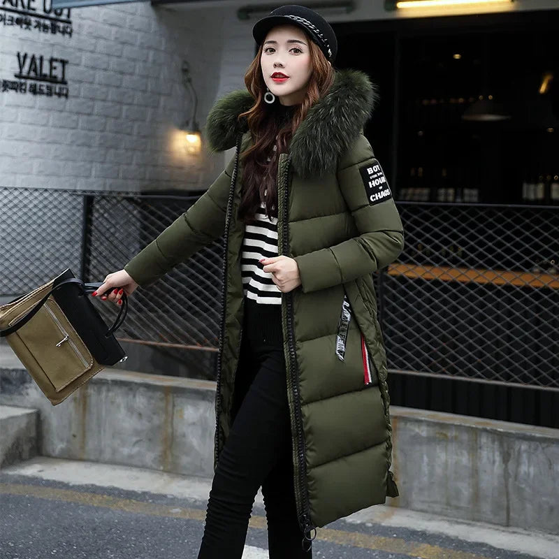 Women's Winter Jacket Big Fur Collar Thick Slim Coat Hooded Cotton Outerwear