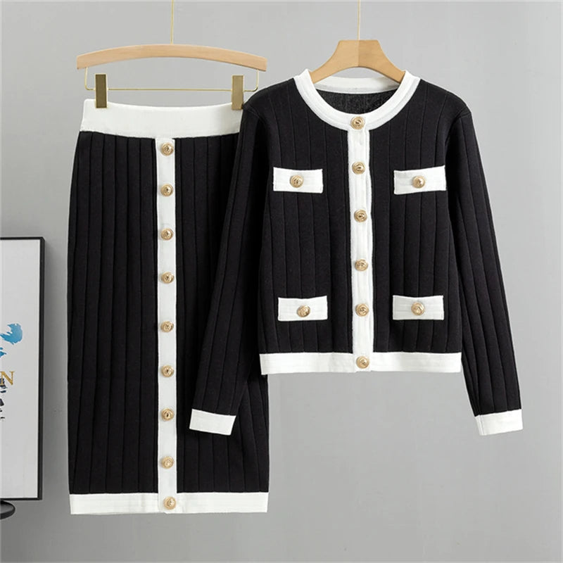 Women Skirts 2 Piece Sets Button Sweater Cardigan Suits