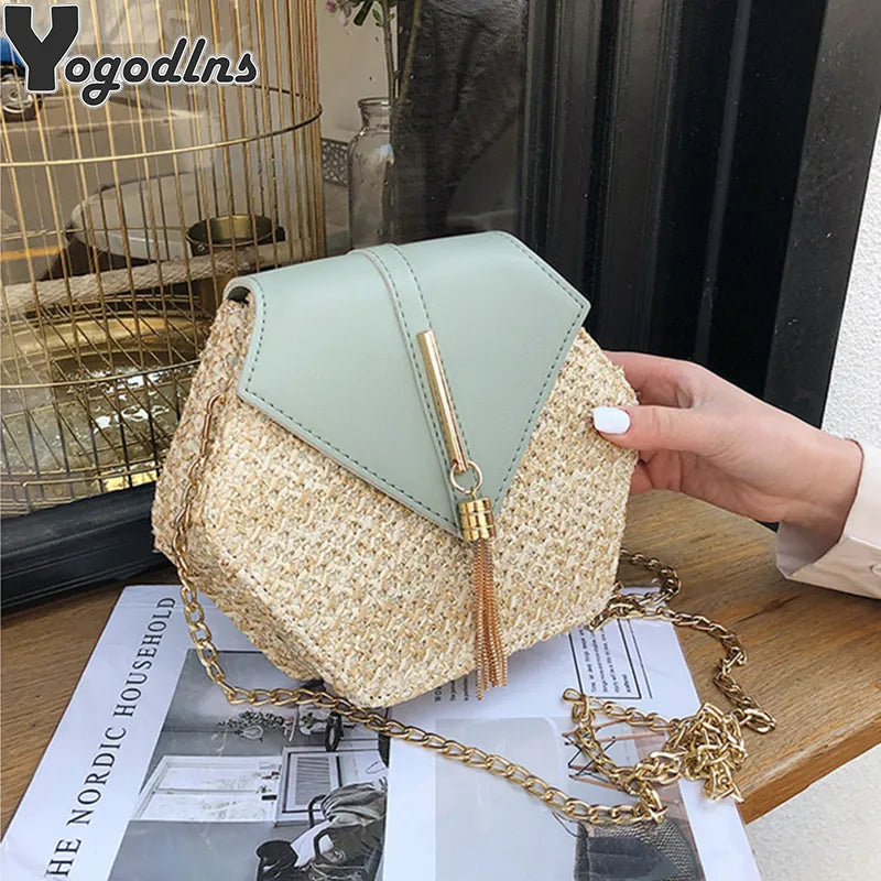 Hexagon Mulit Style Straw+leather Handbag Women Summer Rattan Bag Handmade Woven Beach Circle Bohemia Shoulder Bag - Hiron Store