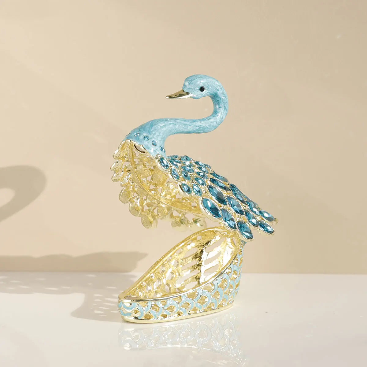 3.7inch Enamel Blue Gems Swan Trinket Box Hinged Hand-Painted Jewellery Storage Ring Holder