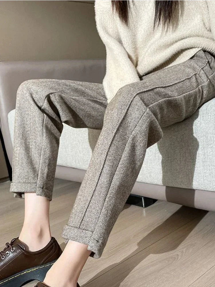 Warm Thickened Cropped Pants 2024 Winter Women' S Pants Loose Casual Herringbone High-waisted Tweed Straight Pants