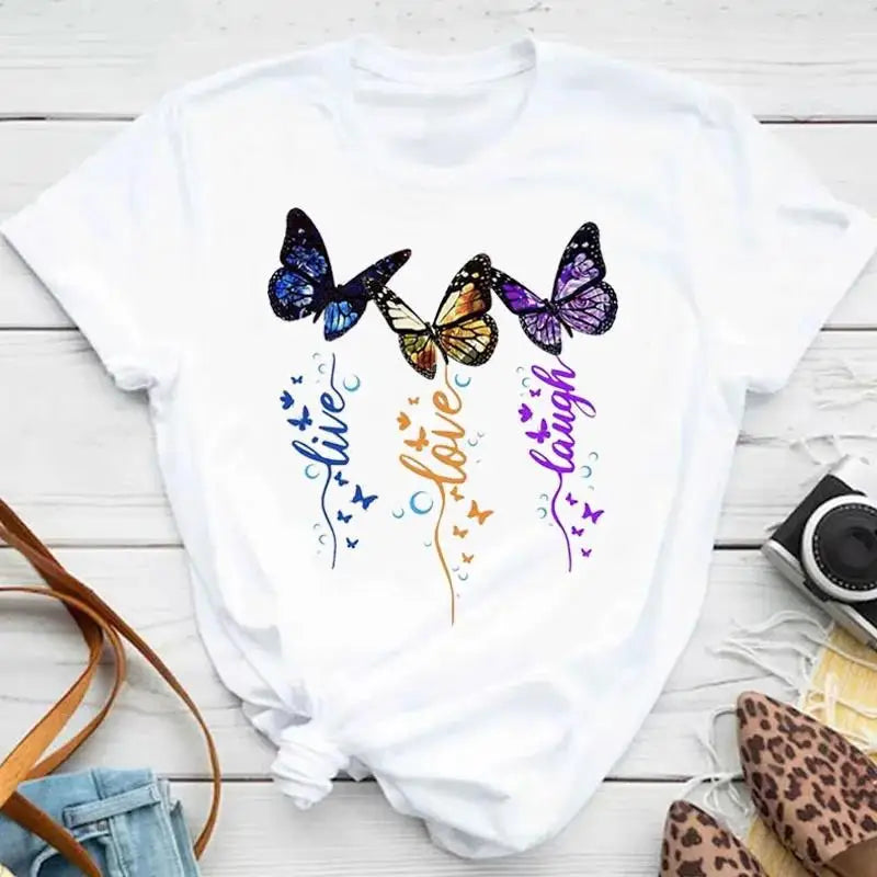 Fashion Women Men T Shirt Colorful Butterfly Petal Graphic Print T Shirt Casual Crew Neck Short Sleeve Plus Size T Shirt Unisex - Hiron Store