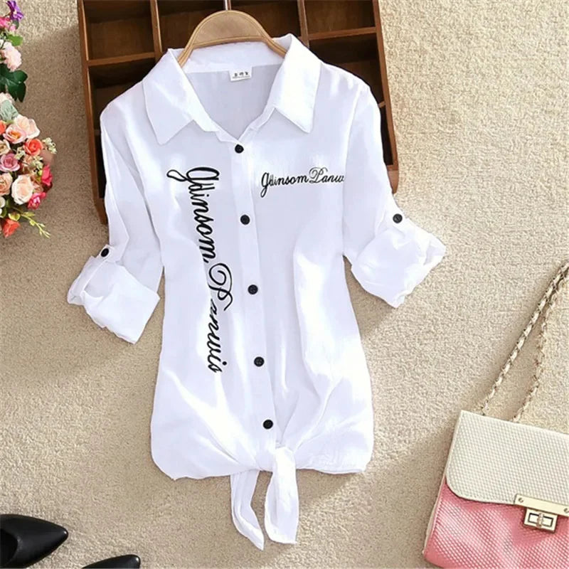 Women Spring Summer Casual Blouses Shirts Lady Long Sleeve Turn-down Collar Bow Tie Decor Loose Basics Shirts Tops - Hiron Store