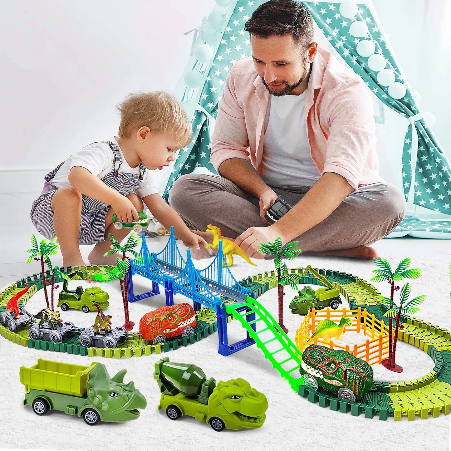 Dinosaur Magic Climbing Track Toys Train-Flexible Track Playset Dinosaurs Engineering Toys Race Car for Old boy Girls - Hiron Store