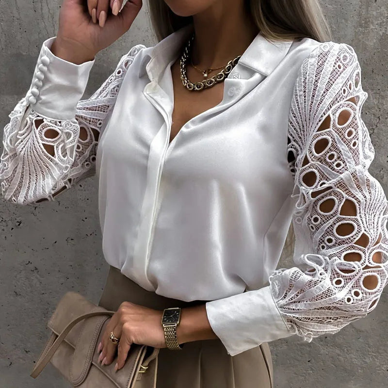 White Sexy Lace Hollow Out Women Blouse 2024 Spring Black Vintage Button Up Shirts Top Long Sleeve Mesh Design Tops Femme 19948 - Hiron Store