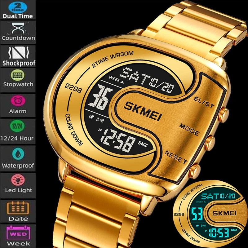 Skmei Mens Digital Waterproof Watches Stainless Steel Band Alarm Clock Stopwatch Sports Dual Time