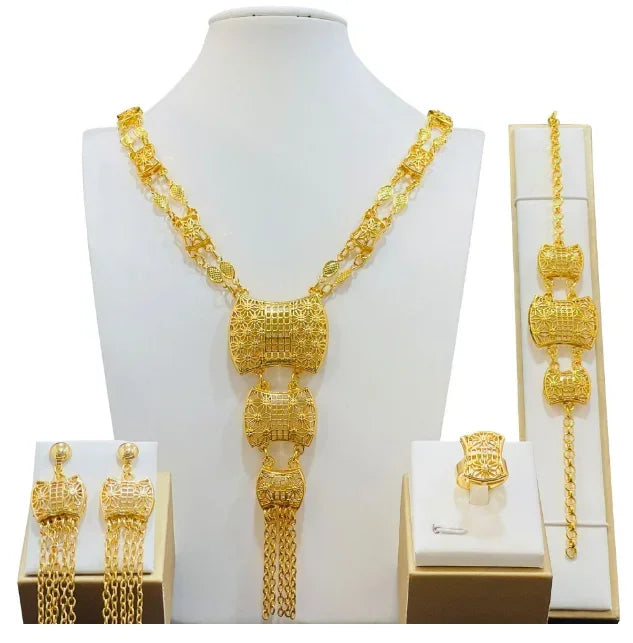 Fashion India Latest Design Jewelry Luxury African Jewelry Necklace Earrings Ring Bracelet Set Dubai Gold Color