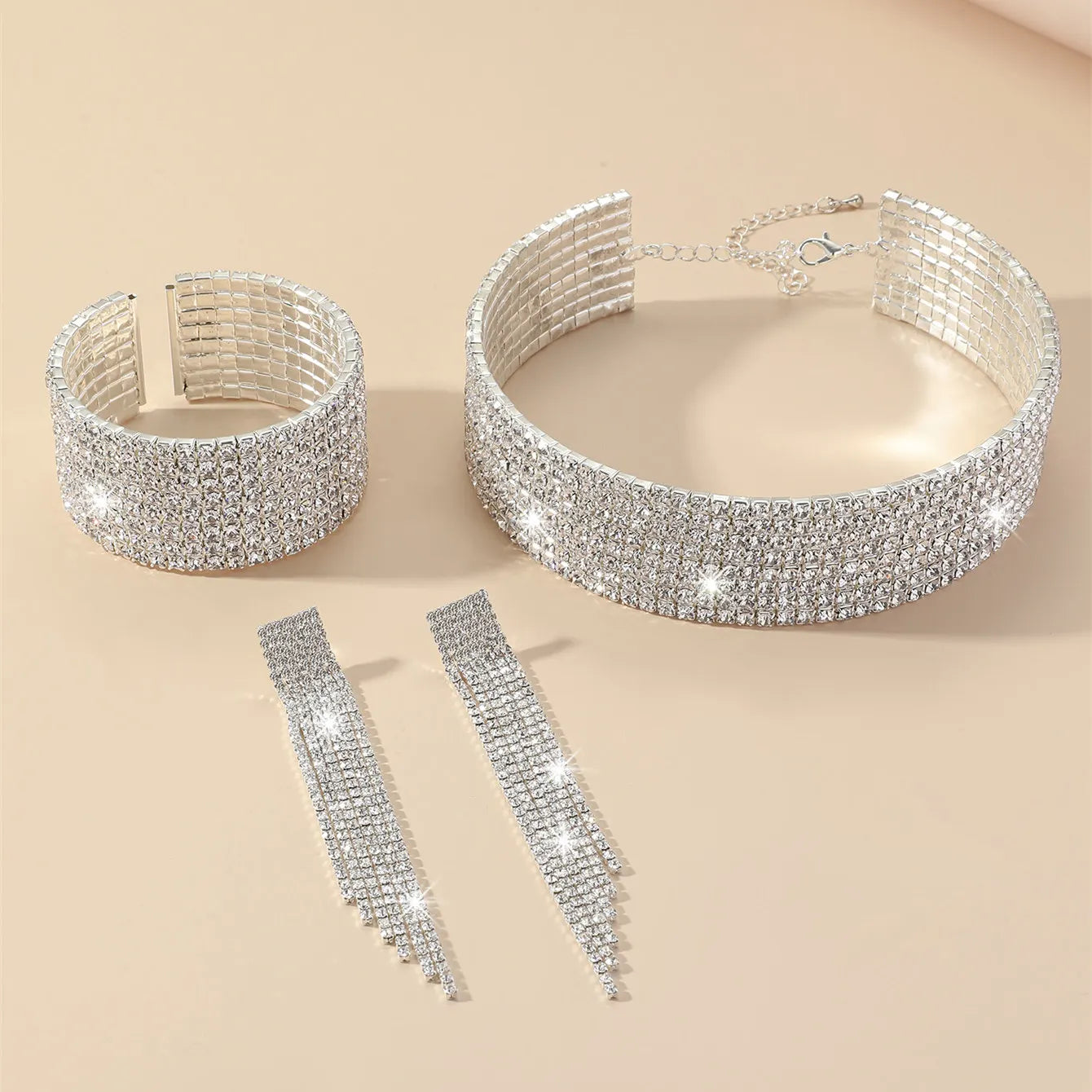 3 Pcs Women Rhinestone Jewellery Set Choker Necklace Fringe Bracelet Dangling Earring