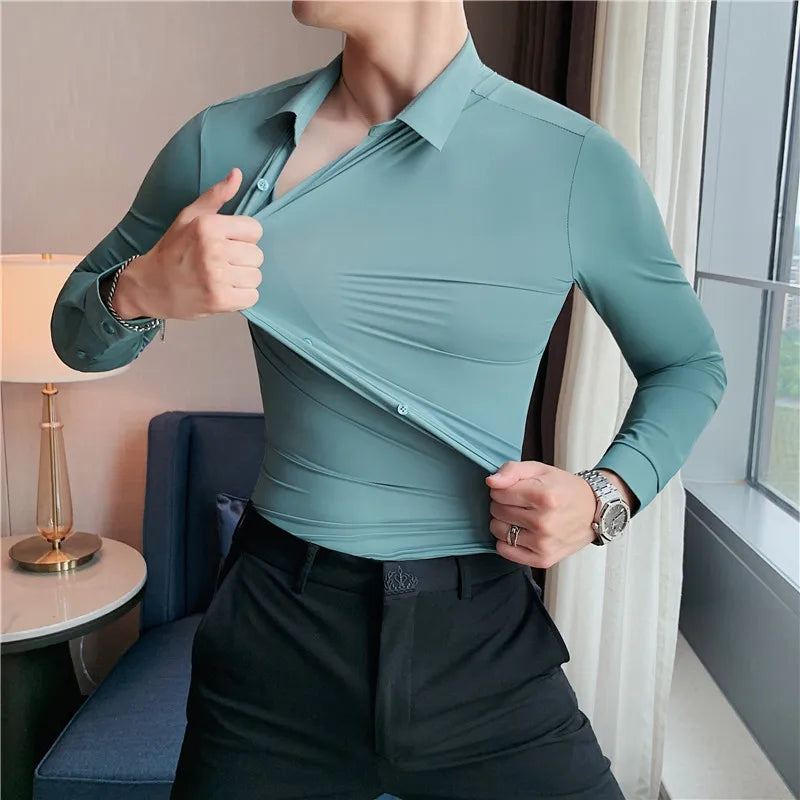Men's Ultra Stretch  Long Sleeve Shirt, Top Quality Business Casual, Breathable   Solid Color Formal Dress Shirt