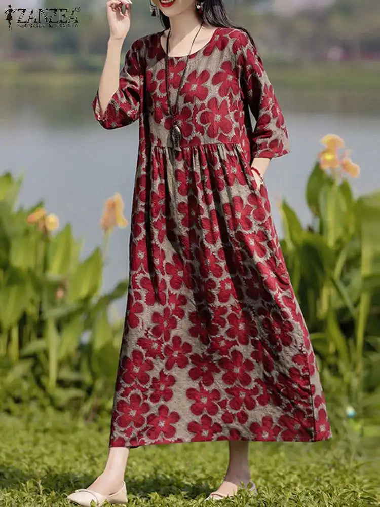 Floral Print Long Sleeve Maxi Sundress Stylish Holiday Robe Vestidos dress