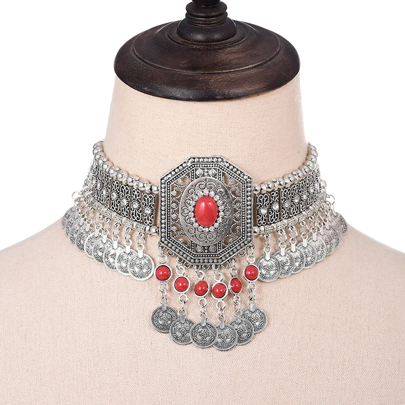 Ethnic Necklace Choker Crystal Rhinestone Beads Coin Tassel Jewellery