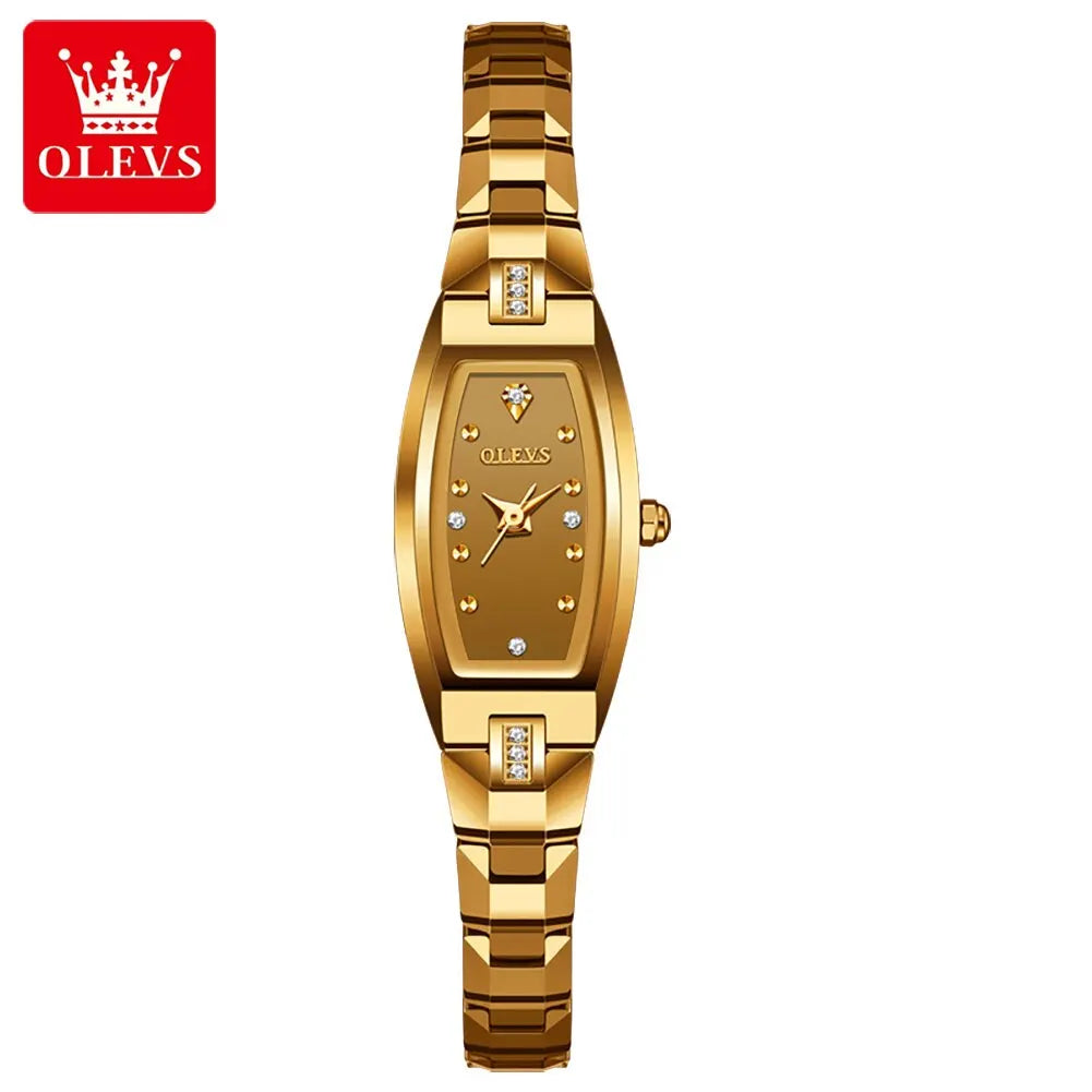 OLEVS Slim Thin Watch for Women Luxury Tungsten Steel Band Tonneau Design Square Shape Elegant Diamond Quartz Ladies Watch - Hiron Store