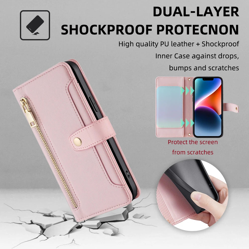 Ladies Card Slots Wallet Crossbody Phone Case for iPhone 15 14 13 12 11 Pro Max Cover with strap