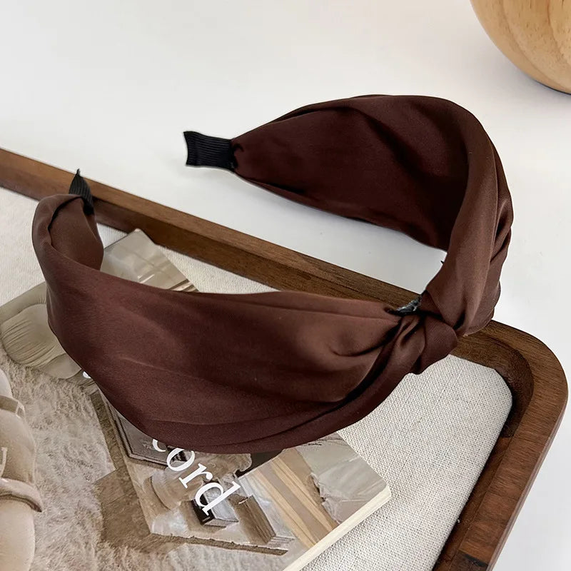 Retro Coffee Color Satin Knotted Wide Headbands Woman Temperament Elegant Hairband Hair Hoop Hair Fashion Accessories