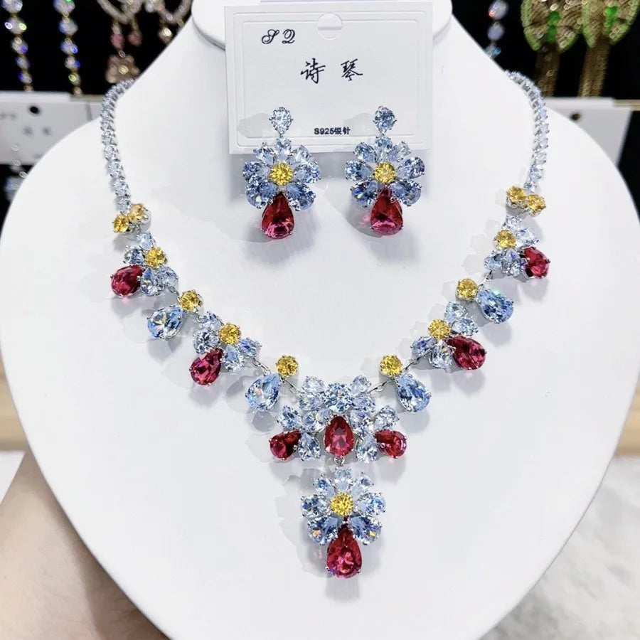 Women Colorful Fashion Zircon Necklace Earrings 2025