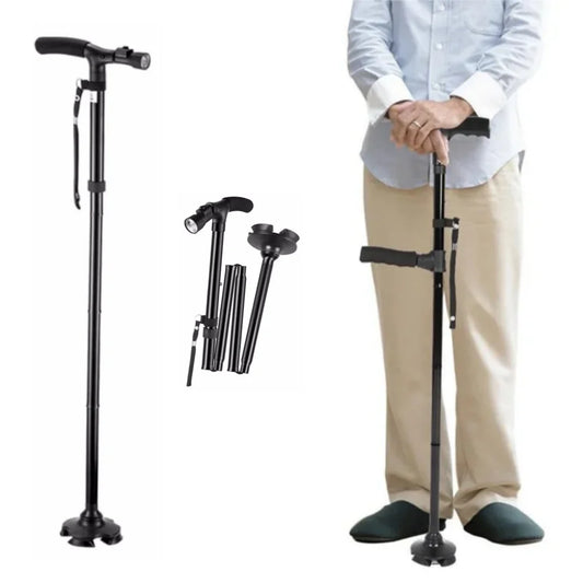 Folding Walking Stick With LED Light Adjustable Lightweight Anti-Slip Walking Cane Old Men Crutch