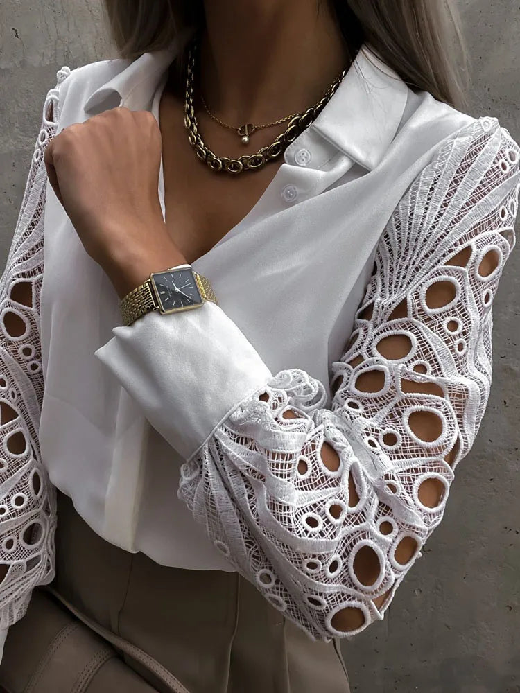 White Sexy Lace Hollow Out Women Blouse 2024 Spring Black Vintage Button Up Shirts Top Long Sleeve Mesh Design Tops Femme 19948 - Hiron Store