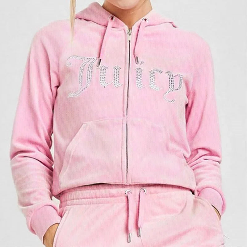 Women's Velvet Jacket Coat Slim Sweatshirts Zip Up Pink Hoodies Tops